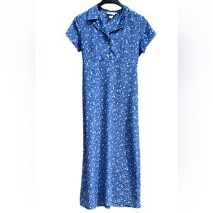 Vintage 90’s Jody California Floral Blue Maxi Dress Button Up Short Sleeve